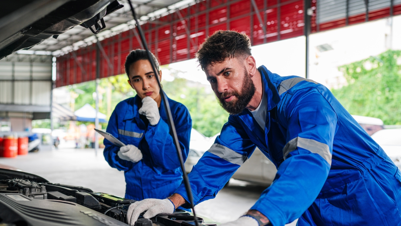 deux techniciens en train d'inspecter sous le capot d'un véhicule